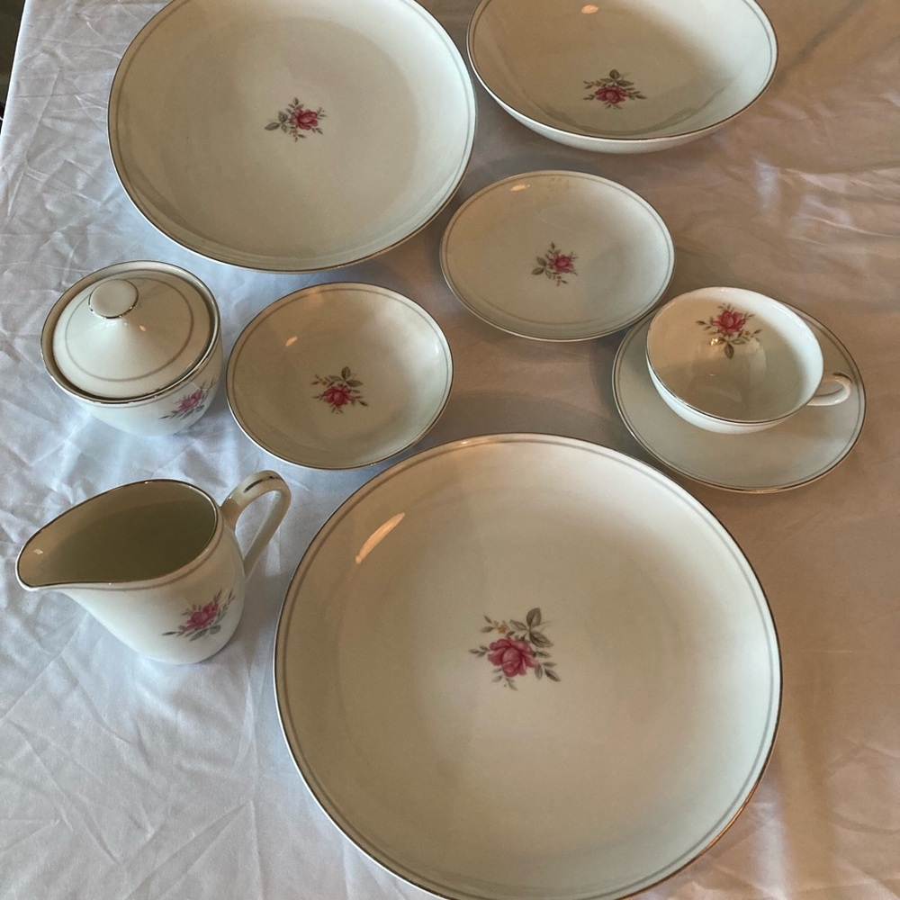 Cream Porcelain Dinnerware Set with Pink Rose Accent